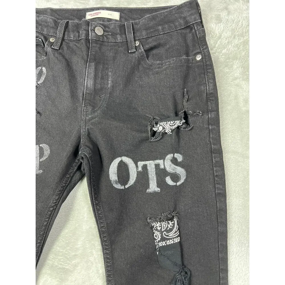 Levi 32x30 Distressed Black Jeans Custom Trap Hip Hop Punk Grunge Reworked Denim